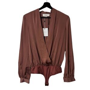 L'Academie Elegant & Silky Long Sleeve Plunge Neck Bodysuit Blouse Top